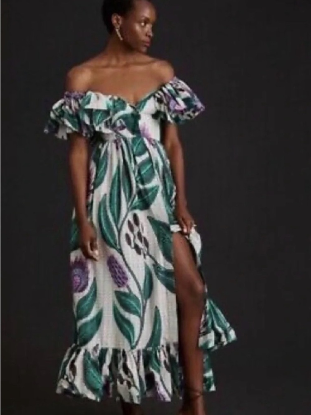 Anthropologie SIKA Off Shoulder Ruffle Printed Maxi Dress Size 8